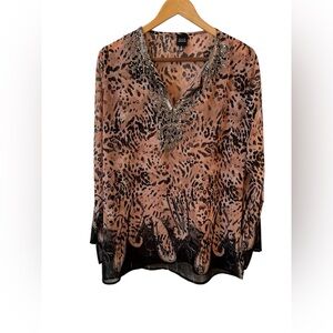Women’s Black Saks  Fifth Avenue Pink Cheetah paisley blouse Tunic Sz L